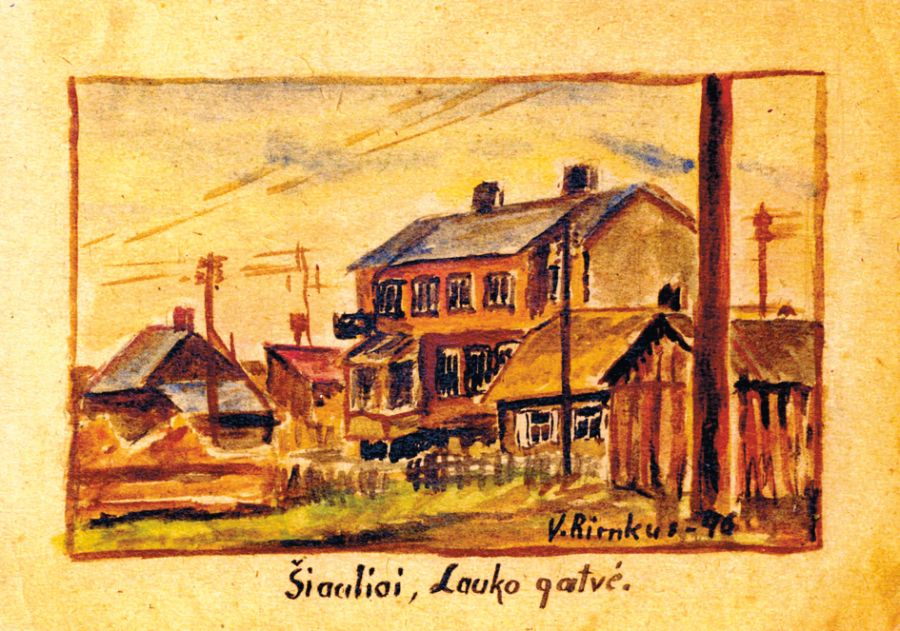 Šiauliai, Lauko gatvė.  Vytenio Rimkaus piešinys. 1946 m.