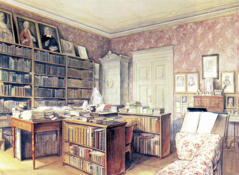 Jacobo Grimmo kambarys Berlyne. Moritzo Hoffmanno akvarelė. Apie 1860 m.