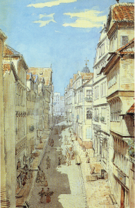 Turgaus gatvė Kaselyje, kurioje gyveno broliai Grimmai 1805–1814 m. Ludwigo Grimmo akvarelė. 1842 m.