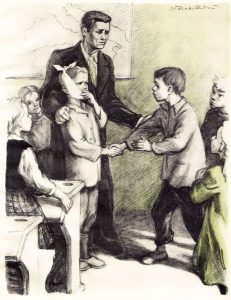 „Vaikų karas“. 1952 m.  Dail. Domicelė Tarabildienė
