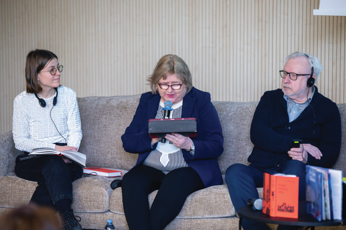Jelos Lepman knygos pristatymas Vilniaus knygų mugėje. Iš kairės Anna Maria Strauß, Kristina Sprindžiūnaitė, Kęstutis Urba. 2023 m. vasario 23 d. Vygaudo Juozaičio nuotr. 