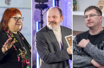 Gintarė Adomaitytė, Rimantas Driežis, Antanas Šimkus. Nuotr. koliažas iš IBBY Lietuva archyvo
