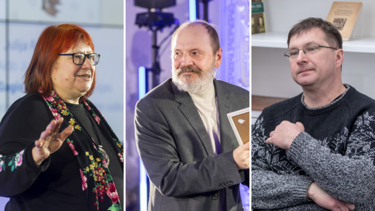 Gintarė Adomaitytė, Rimantas Driežis, Antanas Šimkus. Nuotr. koliažas iš IBBY Lietuva archyvo