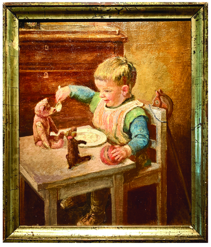 Richardas Pfeifferis. „Mažylis su žaislu“. Drobė, aliejus. 29x24 cm. Alės Jankauskienės nuotr. 2026 m. Richardas Pfeifferis. „Mažylis su žaislu“. Drobė, aliejus. 29x24 cm. Alės Jankauskienės nuotr. 2026 m.